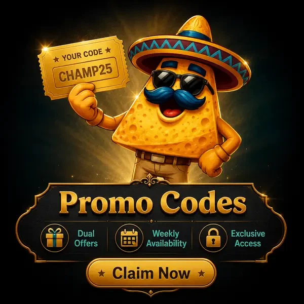 El Campeón nacho mascot triumphantly holding golden promo code voucher at Casinacho