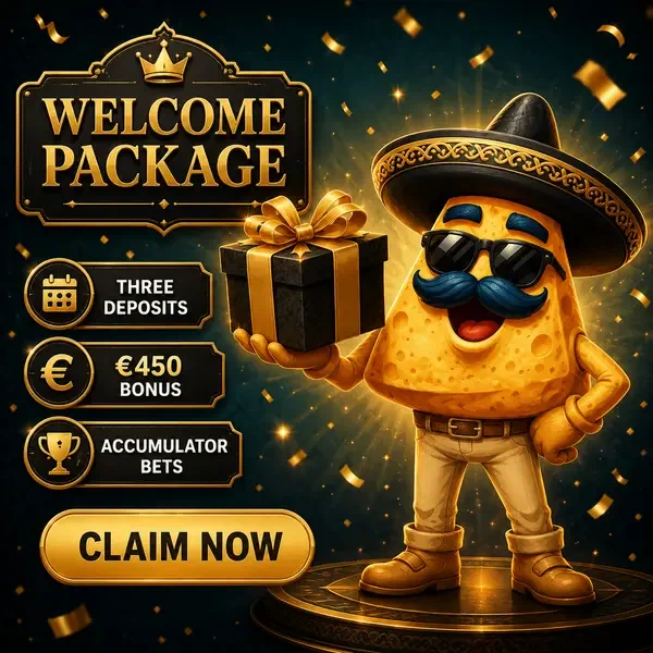 El Campeón presenting sports betting welcome package at Casinacho Sportsbook with golden gift box