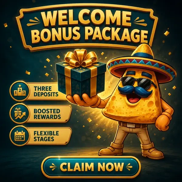 El Campeón nacho mascot presenting welcome bonus gift at Casinacho celebration