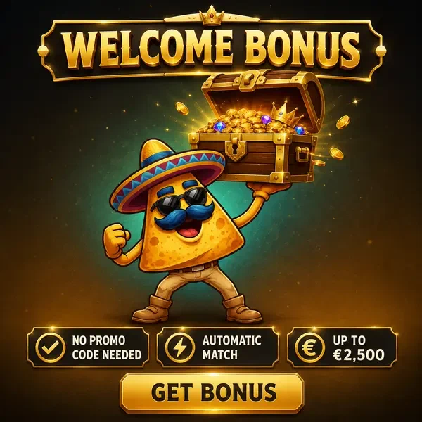 El Campeón lifts treasure chest overflowing with Casinacho welcome bonus coins and gems