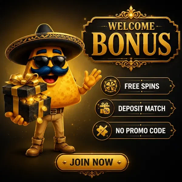 El Campeón nacho mascot presenting welcome gift at Casinacho mobile app download screen
