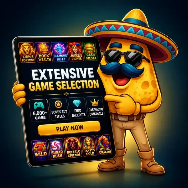 El Campeón nacho mascot proudly displaying tablet with 6,000+ games from Casinacho app collection