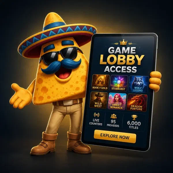El Campeón presenting game lobby access at Casinacho with tablet showing 6 000 gaming titles