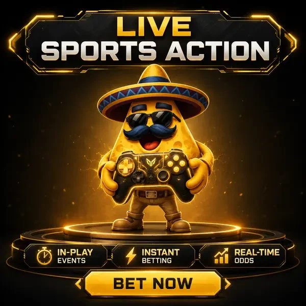 Anthropomorphic nacho chip champion holding gaming controller at Live Sports Action Right Now sportsbook