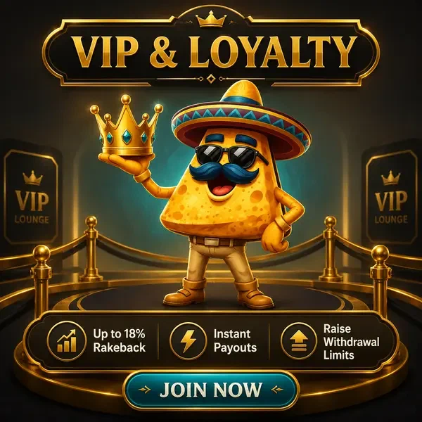 El Campeón nacho chip presenting golden VIP crown at Casinacho loyalty program entrance
